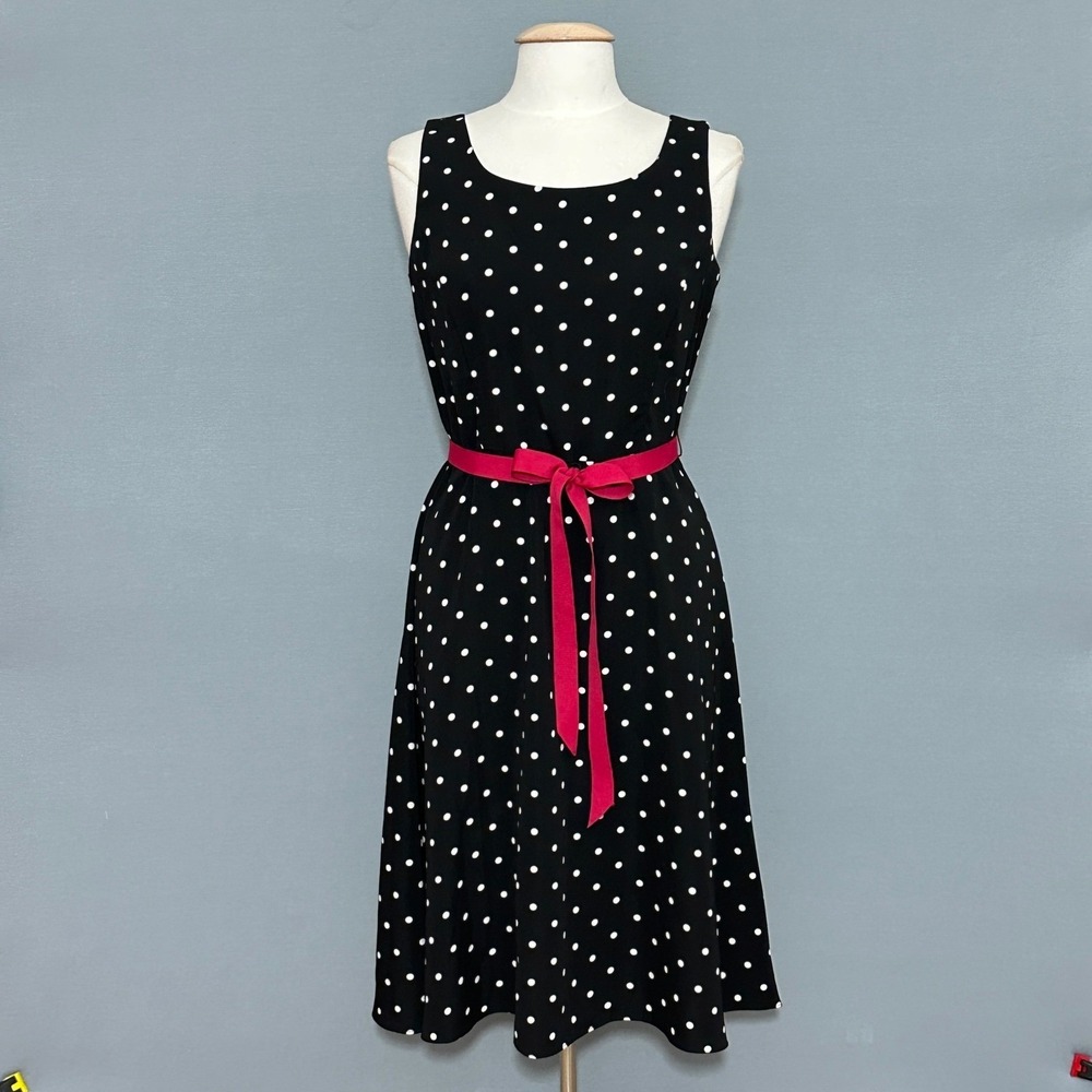 VTG Studio I Womens Dress 8 Black White Polka Dot Pink Tie Belt Retro Rockabilly